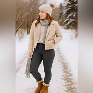 Black Cat Logo Fleece Lined Gray Leggings Super Warm Cozy Winter Pants Sz Small